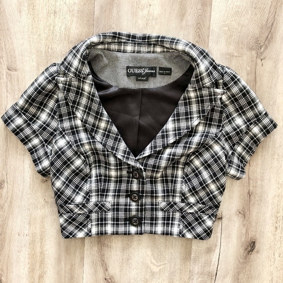 Guess, Cropped Blazer, Black & White, Plaid, Cropped Top, Button Up, Size Small - Picture 3 of 9